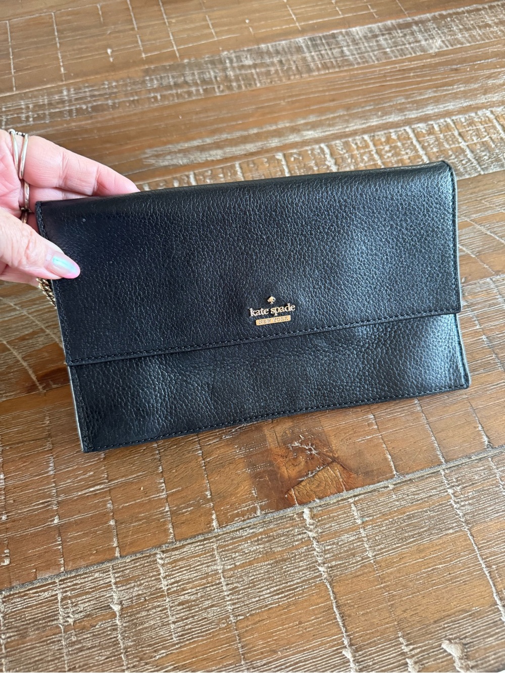 Kate Spade Black Pebbled Leather Cameron Street Harling Flap Wallet with chain.